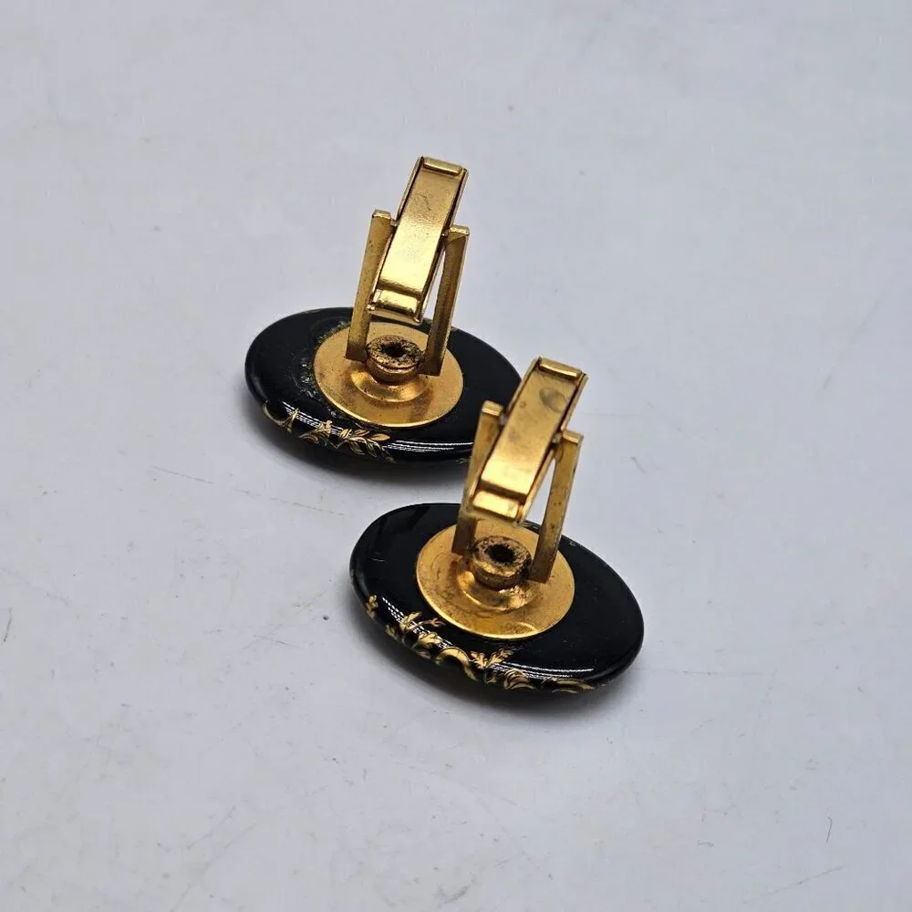 Vintage Zodiac Taurus The Bull Wrap Cufflinks Black Oval Gold Tone